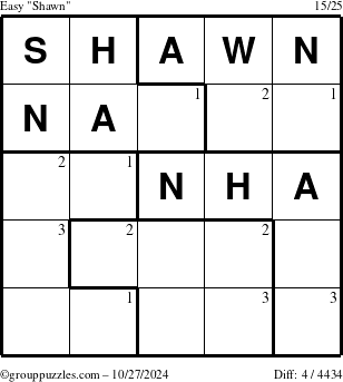 The grouppuzzles.com Easy Shawn puzzle for Sunday October 27, 2024 with the first 3 steps marked