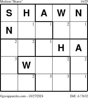 The grouppuzzles.com Medium Shawn puzzle for Sunday October 27, 2024 with the first 3 steps marked