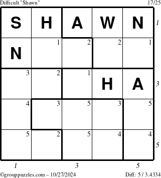 The grouppuzzles.com Difficult Shawn puzzle for Sunday October 27, 2024 with all 5 steps marked