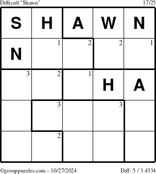 The grouppuzzles.com Difficult Shawn puzzle for Sunday October 27, 2024 with the first 3 steps marked