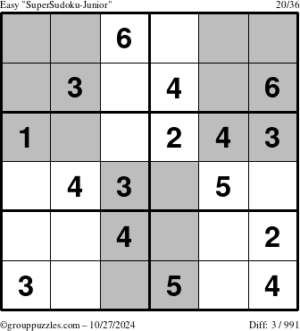 The grouppuzzles.com Easy SuperSudoku-Junior puzzle for Sunday October 27, 2024