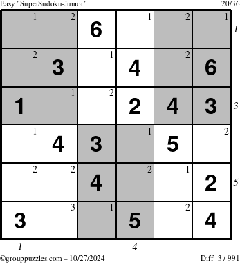 The grouppuzzles.com Easy SuperSudoku-Junior puzzle for Sunday October 27, 2024, suitable for printing, with all 3 steps marked