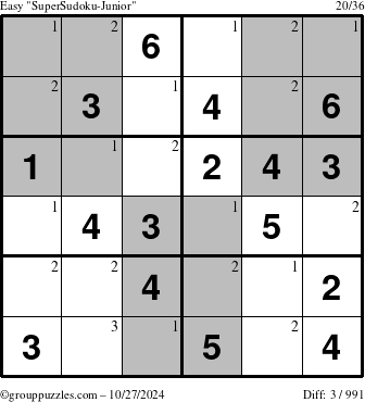 The grouppuzzles.com Easy SuperSudoku-Junior puzzle for Sunday October 27, 2024 with the first 3 steps marked