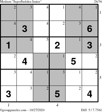 The grouppuzzles.com Medium SuperSudoku-Junior puzzle for Sunday October 27, 2024 with all 5 steps marked