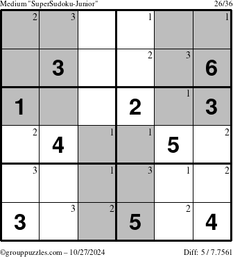 The grouppuzzles.com Medium SuperSudoku-Junior puzzle for Sunday October 27, 2024 with the first 3 steps marked