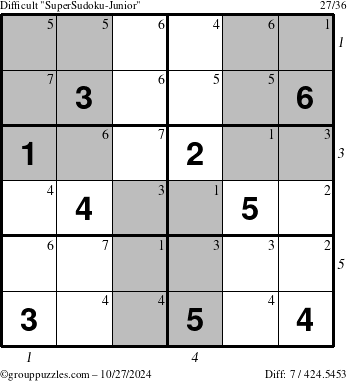 The grouppuzzles.com Difficult SuperSudoku-Junior puzzle for Sunday October 27, 2024 with all 7 steps marked