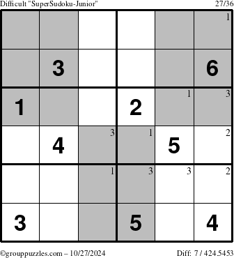 The grouppuzzles.com Difficult SuperSudoku-Junior puzzle for Sunday October 27, 2024 with the first 3 steps marked