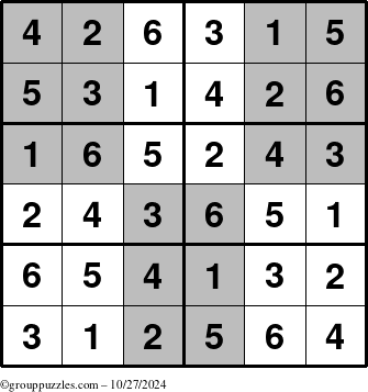 The grouppuzzles.com Answer grid for the SuperSudoku-Junior puzzle for Sunday October 27, 2024