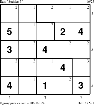 The grouppuzzles.com Easy Sudoku-5 puzzle for Sunday October 27, 2024 with all 3 steps marked