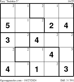 The grouppuzzles.com Easy Sudoku-5 puzzle for Sunday October 27, 2024 with the first 3 steps marked