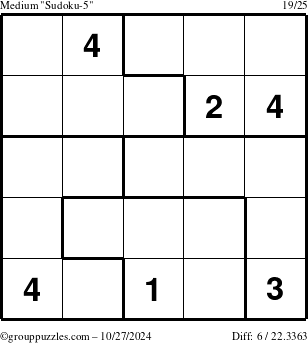 The grouppuzzles.com Medium Sudoku-5 puzzle for Sunday October 27, 2024