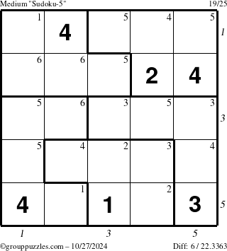 The grouppuzzles.com Medium Sudoku-5 puzzle for Sunday October 27, 2024 with all 6 steps marked