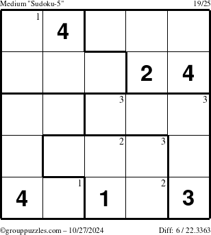 The grouppuzzles.com Medium Sudoku-5 puzzle for Sunday October 27, 2024 with the first 3 steps marked