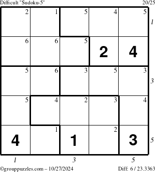 The grouppuzzles.com Difficult Sudoku-5 puzzle for Sunday October 27, 2024 with all 6 steps marked