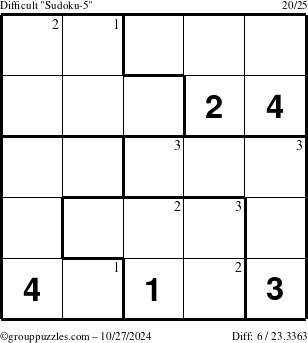 The grouppuzzles.com Difficult Sudoku-5 puzzle for Sunday October 27, 2024 with the first 3 steps marked