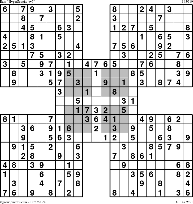 The grouppuzzles.com Easy HyperSudoku-by5 puzzle for Sunday October 27, 2024