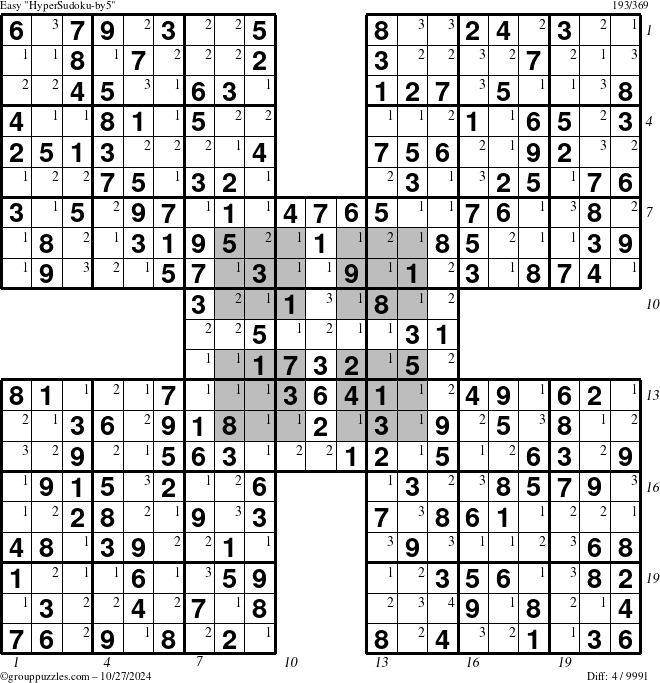 The grouppuzzles.com Easy HyperSudoku-by5 puzzle for Sunday October 27, 2024 with all 4 steps marked