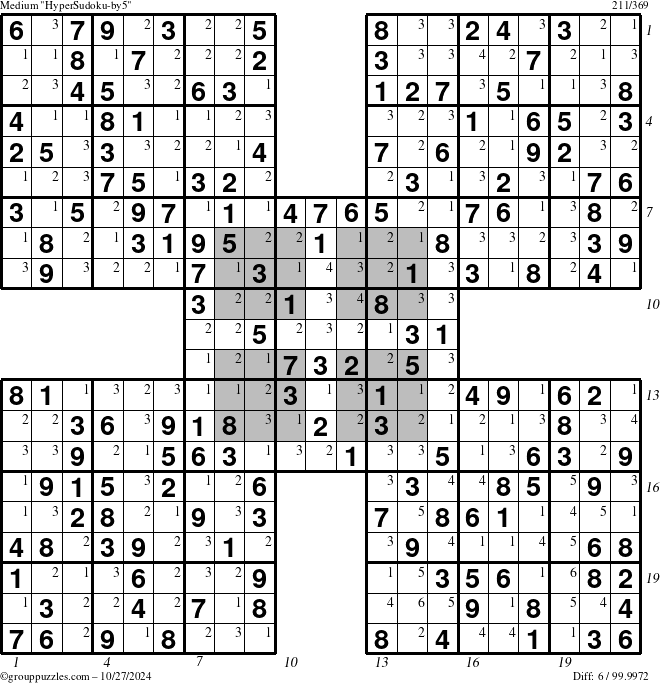 The grouppuzzles.com Medium HyperSudoku-by5 puzzle for Sunday October 27, 2024 with all 6 steps marked