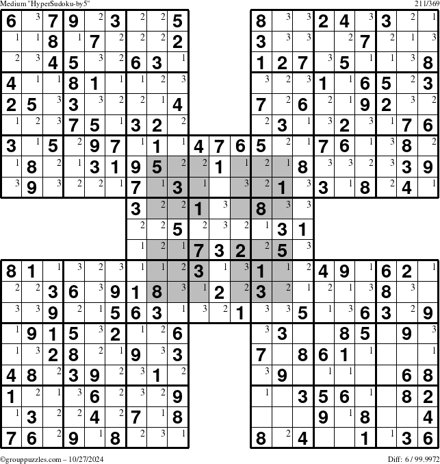 The grouppuzzles.com Medium HyperSudoku-by5 puzzle for Sunday October 27, 2024 with the first 3 steps marked