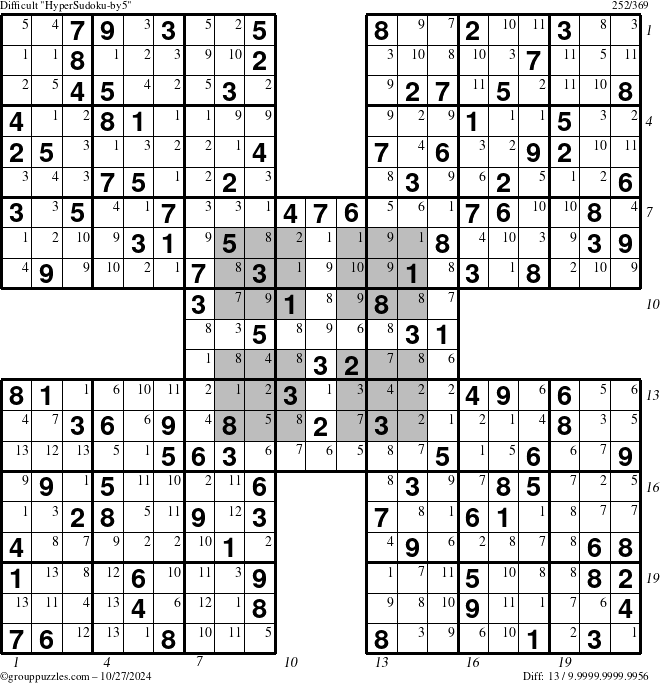 The grouppuzzles.com Difficult HyperSudoku-by5 puzzle for Sunday October 27, 2024 with all 13 steps marked