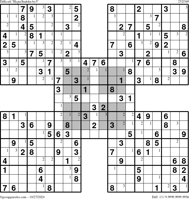 The grouppuzzles.com Difficult HyperSudoku-by5 puzzle for Sunday October 27, 2024 with the first 3 steps marked