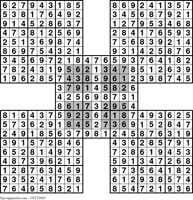 The grouppuzzles.com Answer grid for the HyperSudoku-by5 puzzle for Sunday October 27, 2024