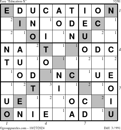 The grouppuzzles.com Easy Education-X puzzle for Sunday October 27, 2024 with all 3 steps marked