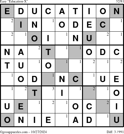 The grouppuzzles.com Easy Education-X puzzle for Sunday October 27, 2024 with the first 3 steps marked