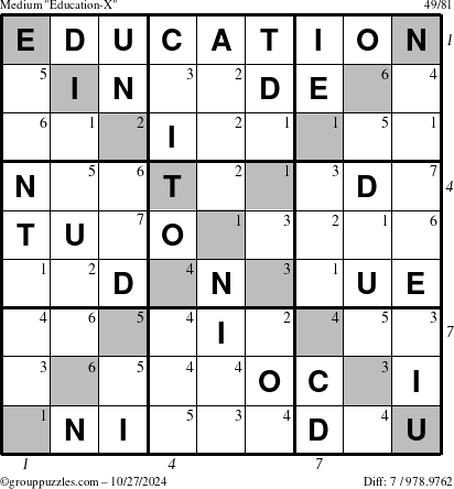 The grouppuzzles.com Medium Education-X puzzle for Sunday October 27, 2024, suitable for printing, with all 7 steps marked