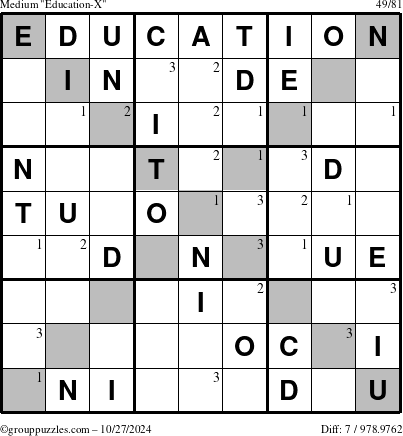 The grouppuzzles.com Medium Education-X puzzle for Sunday October 27, 2024 with the first 3 steps marked