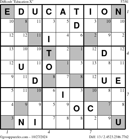 The grouppuzzles.com Difficult Education-X puzzle for Sunday October 27, 2024 with all 13 steps marked