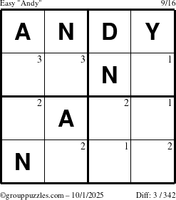 The grouppuzzles.com Easy Andy puzzle for Wednesday October 1, 2025 with the first 3 steps marked
