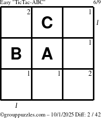 The grouppuzzles.com Easy TicTac-ABC puzzle for Wednesday October 1, 2025 with all 2 steps marked