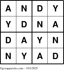 The grouppuzzles.com Answer grid for the Andy puzzle for Wednesday October 1, 2025