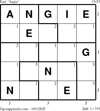 The grouppuzzles.com Easy Angie puzzle for Wednesday October 1, 2025 with all 3 steps marked