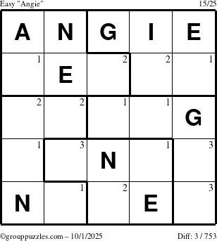 The grouppuzzles.com Easy Angie puzzle for Wednesday October 1, 2025 with the first 3 steps marked