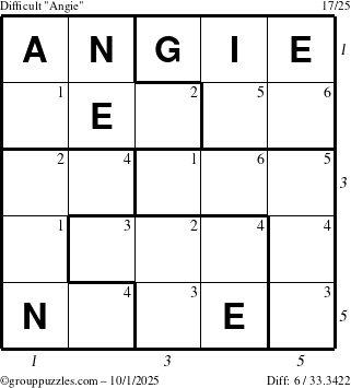 The grouppuzzles.com Difficult Angie puzzle for Wednesday October 1, 2025 with all 6 steps marked
