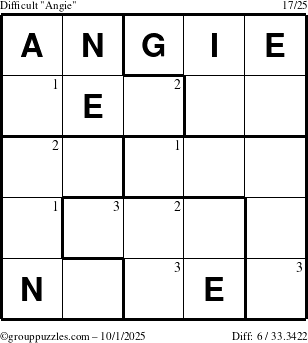The grouppuzzles.com Difficult Angie puzzle for Wednesday October 1, 2025 with the first 3 steps marked