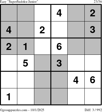 The grouppuzzles.com Easy SuperSudoku-Junior puzzle for Wednesday October 1, 2025