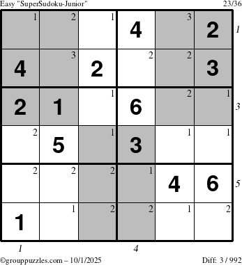 The grouppuzzles.com Easy SuperSudoku-Junior puzzle for Wednesday October 1, 2025 with all 3 steps marked
