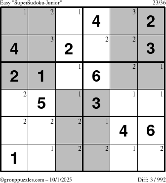 The grouppuzzles.com Easy SuperSudoku-Junior puzzle for Wednesday October 1, 2025 with the first 3 steps marked