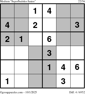 The grouppuzzles.com Medium SuperSudoku-Junior puzzle for Wednesday October 1, 2025