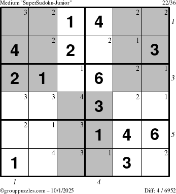 The grouppuzzles.com Medium SuperSudoku-Junior puzzle for Wednesday October 1, 2025 with all 4 steps marked
