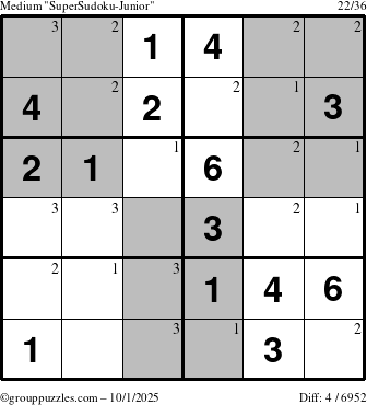 The grouppuzzles.com Medium SuperSudoku-Junior puzzle for Wednesday October 1, 2025 with the first 3 steps marked