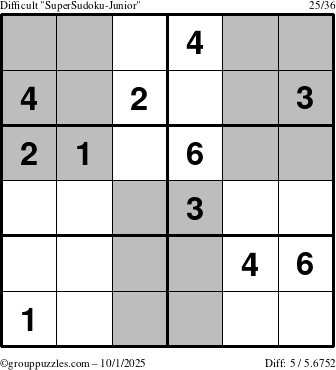 The grouppuzzles.com Difficult SuperSudoku-Junior puzzle for Wednesday October 1, 2025