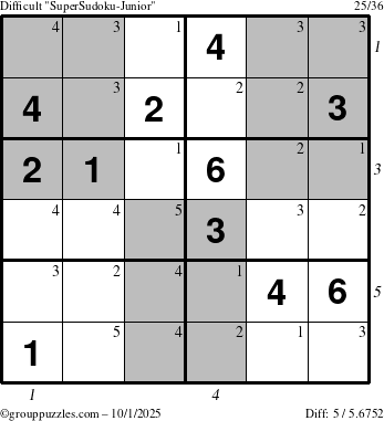 The grouppuzzles.com Difficult SuperSudoku-Junior puzzle for Wednesday October 1, 2025 with all 5 steps marked