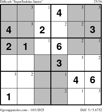 The grouppuzzles.com Difficult SuperSudoku-Junior puzzle for Wednesday October 1, 2025 with the first 3 steps marked