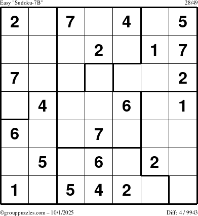 The grouppuzzles.com Easy Sudoku-7B puzzle for Wednesday October 1, 2025