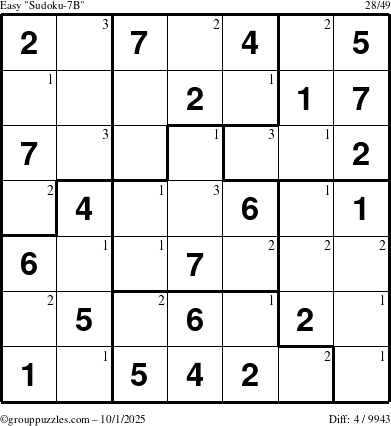 The grouppuzzles.com Easy Sudoku-7B puzzle for Wednesday October 1, 2025 with the first 3 steps marked