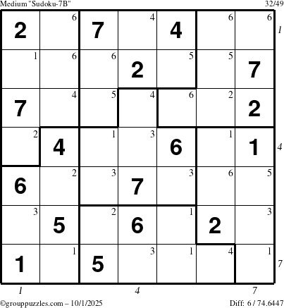 The grouppuzzles.com Medium Sudoku-7B puzzle for Wednesday October 1, 2025, suitable for printing, with all 6 steps marked